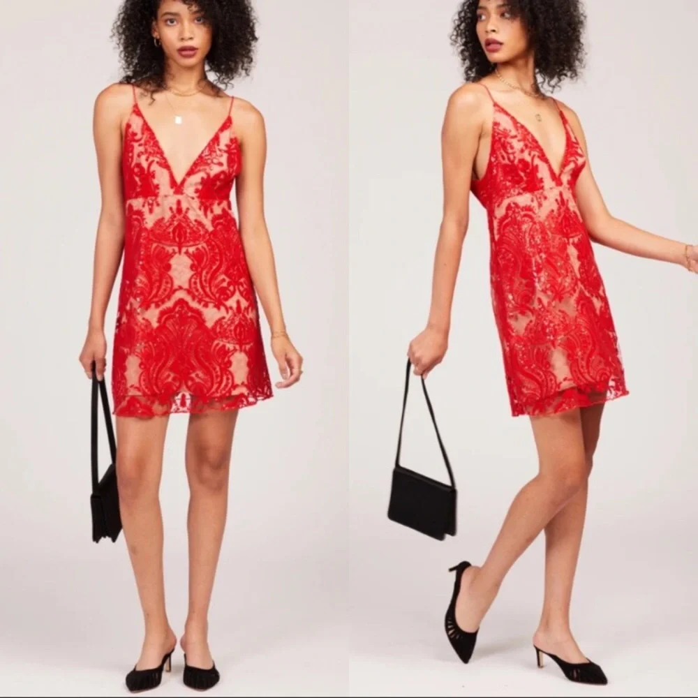 Free People Night Shimmer Mini Dress in Red